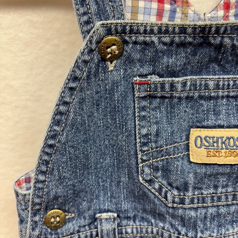 OshKosh B'gosh‎ Baby Denim Overalls Plaid Lining Size L 6/9 Months